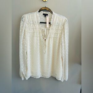 NWT Tamara H ivory sheer polka dot flowing blouse with tie neck. Lined. Size XL